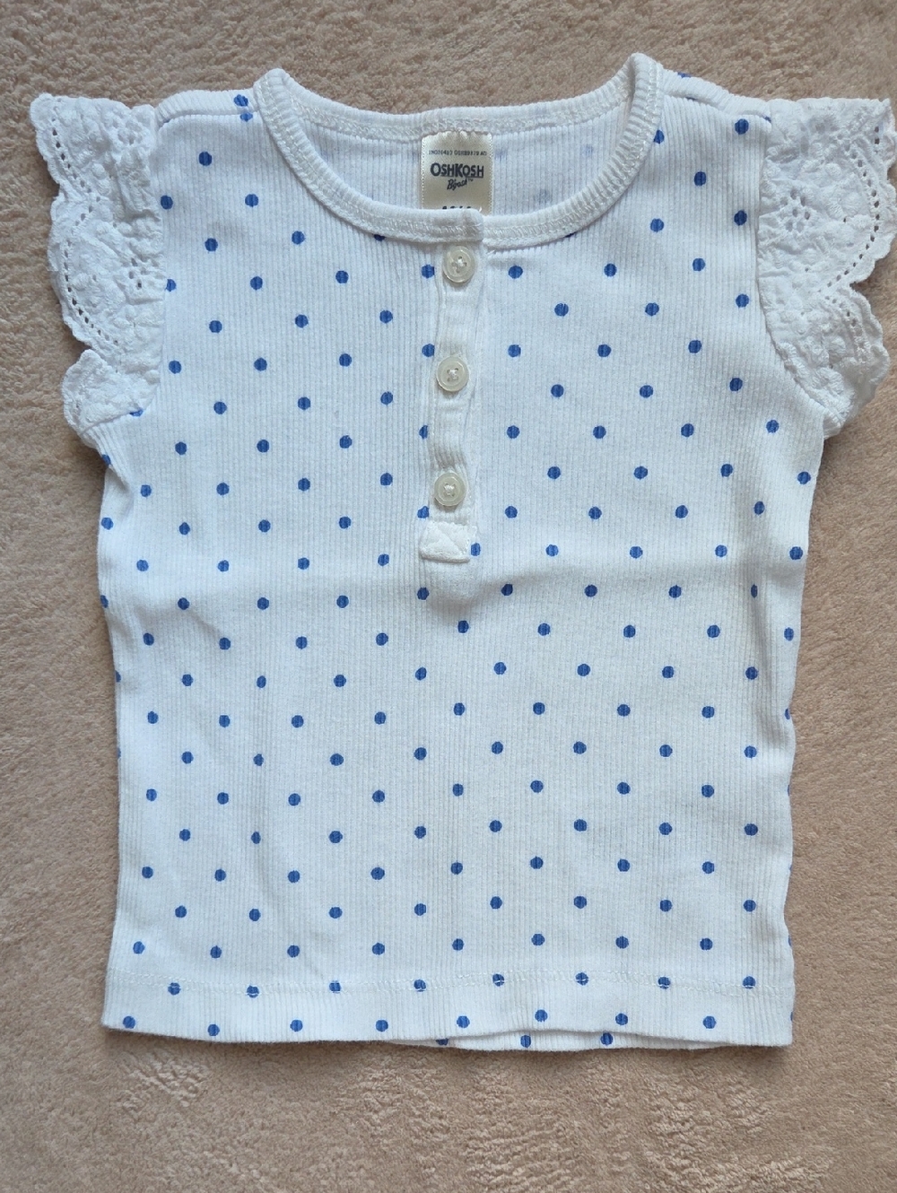 OshKosh B'gosh White Cotton Ribbed Top Blue Polka Dots and Lace Cap Sleeves 12M